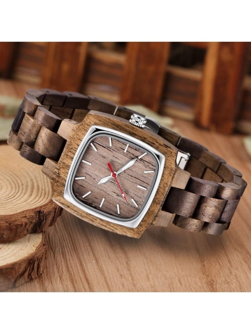 Women's Brown Analog Quartz Couples Colorful Bamboo Classic Square Wooden Watch - Picture 3 of 6